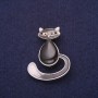 Cat Brooch, black enamel, Cat's Eye stone, 39x30mm, silver-tone metal