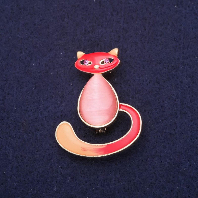Kitten Brooch, Enamel, Cat's Eye, Pink Red, 39x30mm, Yellow Metal