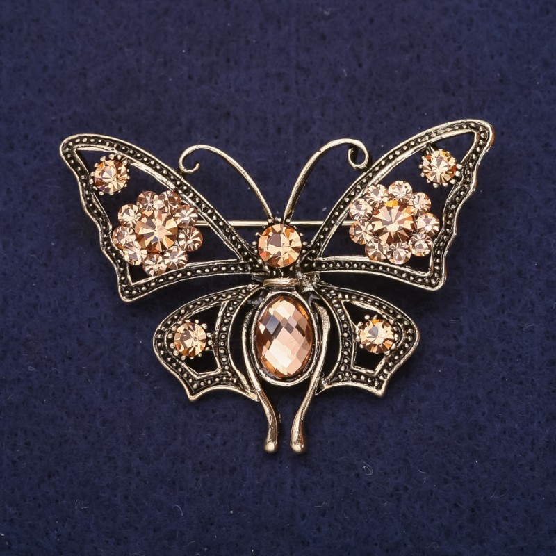 Butterfly Brooch with Rhinestones, Champagne, 54x40mm, Yellow Metal