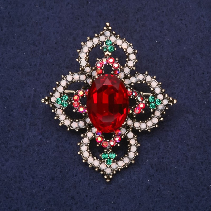Order of Beauty Brooch with Stone and Rhinestones, Red White Green, 49x42mm, Yellow Metal