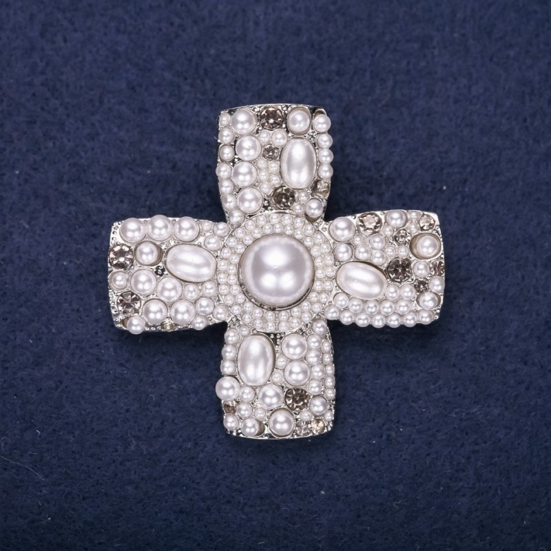Order of Beauty Brooch, Pearl Cross, White 47x46mm, Silver-Tone Metal
