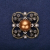 Sale! Order of Beauty Brooch with Half-Pearl Bead and Rhinestones, Brown Grey White, 42x51mm, Yellow Metal