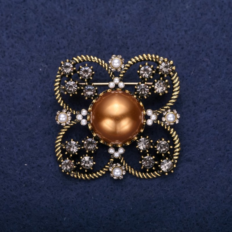 Sale! Order of Beauty Brooch with Half-Pearl Bead and Rhinestones, Brown Grey White, 42x51mm, Yellow Metal