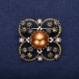 Sale! Order of Beauty Brooch with Half-Pearl Bead and Rhinestones, Brown Grey White, 42x51mm, Yellow Metal