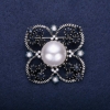 Sale! Order of Beauty Brooch with Half-Pearl Bead and Rhinestones, White Grey White, 42x51mm, Silver-Tone Metal