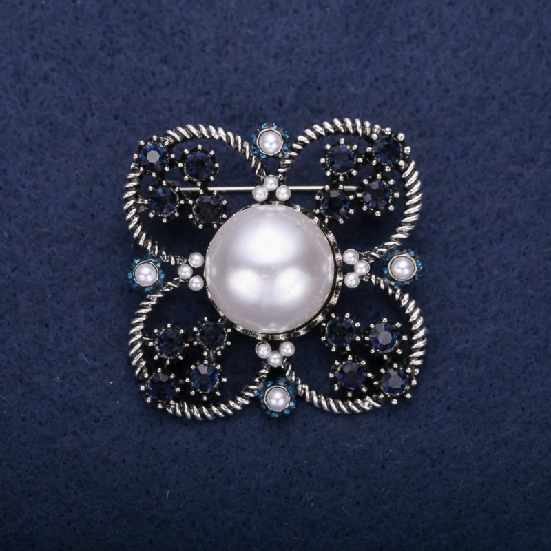 Sale! Order of Beauty Brooch with Half-Pearl Bead and Rhinestones, White Grey White, 42x51mm, Silver-Tone Metal