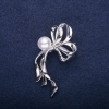 Sale! Clearance Bow Brooch with Pearl Bead, White, 50x30mm, Silver-Tone Metal