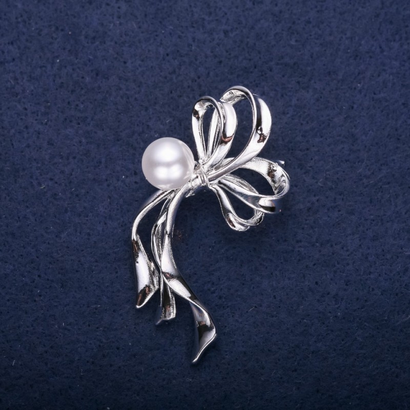 Sale! Clearance Bow Brooch with Pearl Bead, White, 50x30mm, Silver-Tone Metal