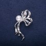 Sale! Clearance Bow Brooch with Pearl Bead, White, 50x30mm, Silver-Tone Metal