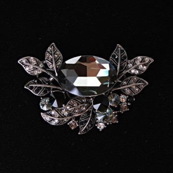 Large "Accent" Brooch, botanical design with rhinestones and stone, black white grey, 67x45mm, silver-tone metal