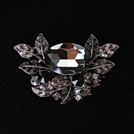 Large "Accent" Brooch, botanical design with rhinestones and stone, black white grey, 67x45mm, silver-tone metal