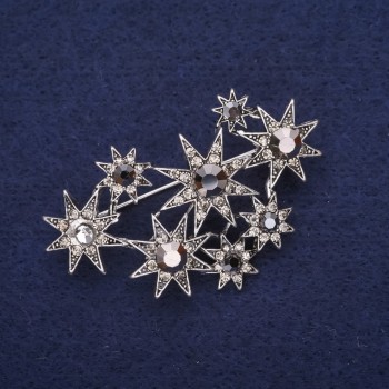 Large Star Accent Brooch with Rhinestones, Grey, 54x34mm, Silver-Tone Metal