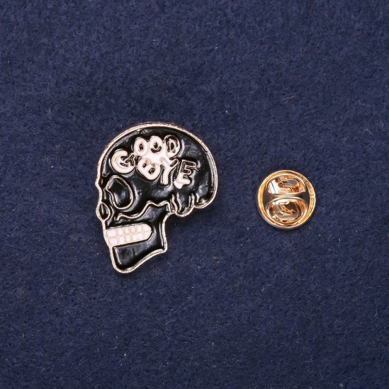 Skull Brooch, Enamel, Black White, 28x24mm, Yellow Metal, Screw-Back Pin Clasp