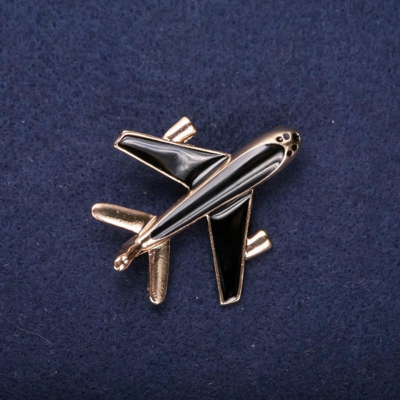 Aeroplane Brooch black enamel 45x40mm yellow metal