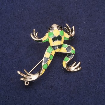 Domino Frog Brooch, Enamel, Green Black, 33x42mm, Yellow Metal