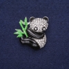 Sale! Panda Brooch with Rhinestones, Enamel, White Black Green, 28x28mm, Silver-Tone Metal