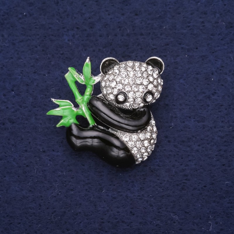 Sale! Panda Brooch with Rhinestones, Enamel, White Black Green, 28x28mm, Silver-Tone Metal