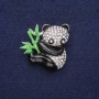 Sale! Panda Brooch with Rhinestones, Enamel, White Black Green, 28x28mm, Silver-Tone Metal