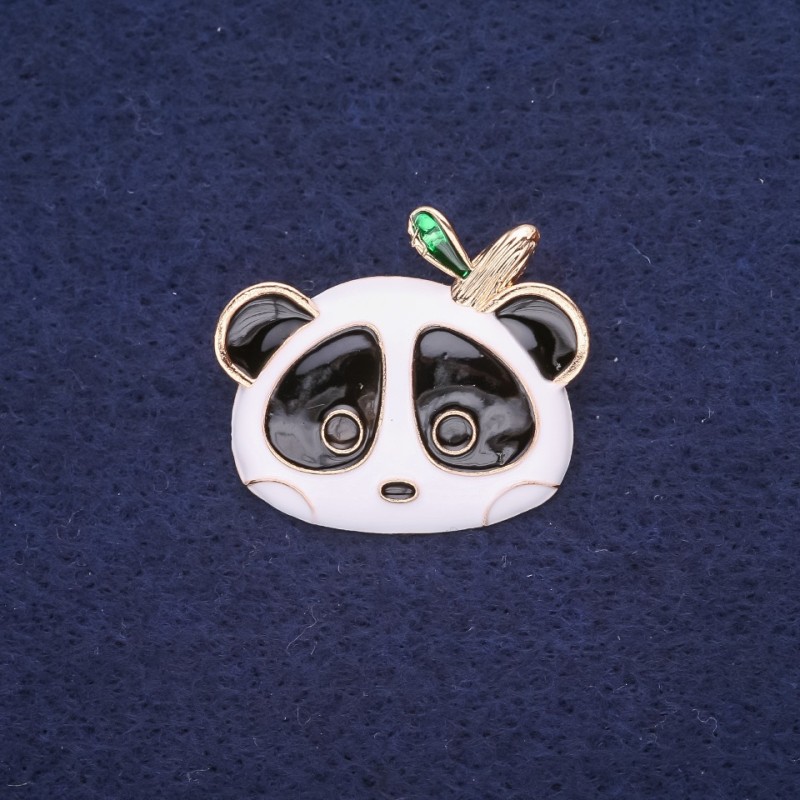 Sale! Panda Brooch, Enamel, White Black Green, 28x24mm, Yellow Metal