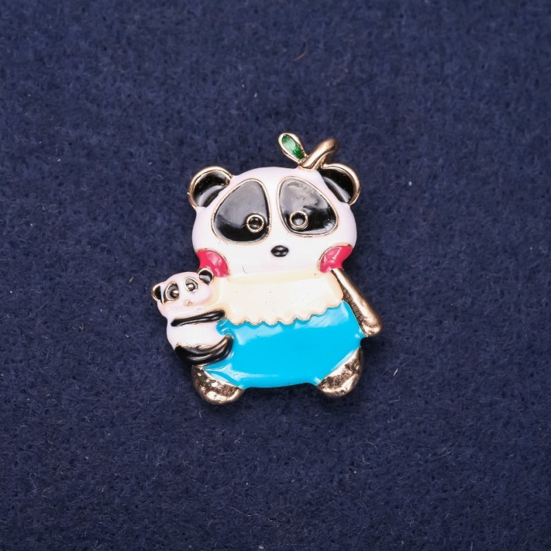 Panda Brooch, Enamel, White Blue Beige 32x28mm Yellow Metal