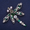 Sale! Large Dragonfly Brooch with Rhinestones, Green Grey White 65x69mm Silver-tone Metal