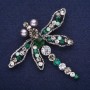 Sale! Large Dragonfly Brooch with Rhinestones, Green Grey White 65x69mm Silver-tone Metal