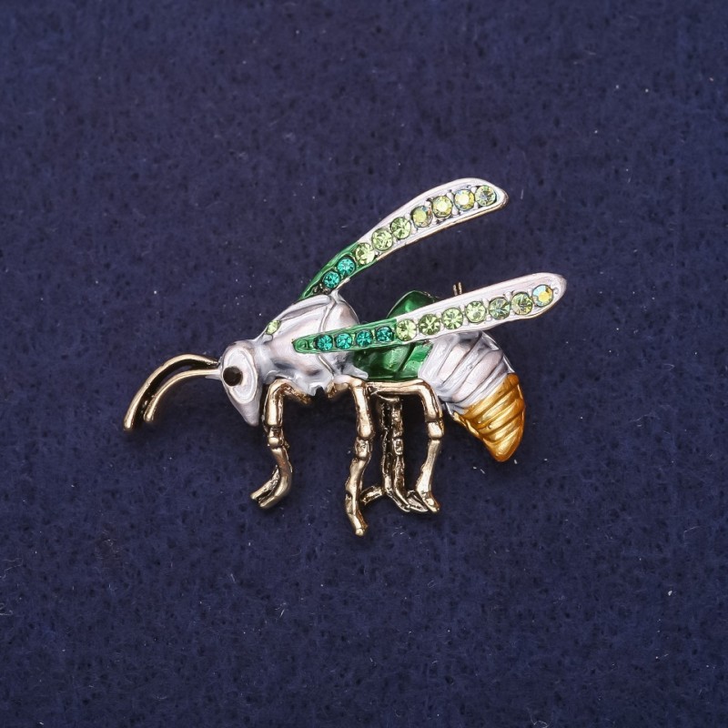 Wasp Brooch, Rhinestones, Enamel, Grey Green Gold-Tone, 42x32mm, Yellow Metal