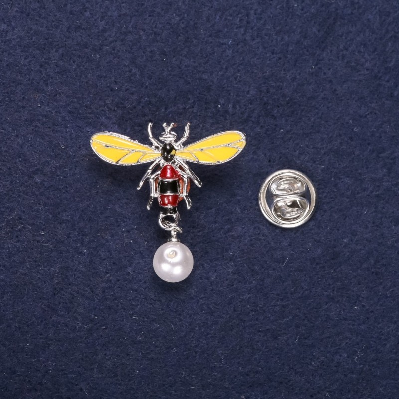Bee Brooch with Pearl Bead Enamel Yellow Brown White 29x32mm Silver-tone Metal