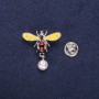 Bee Brooch with Pearl Bead Enamel Yellow Brown White 29x32mm Silver-tone Metal