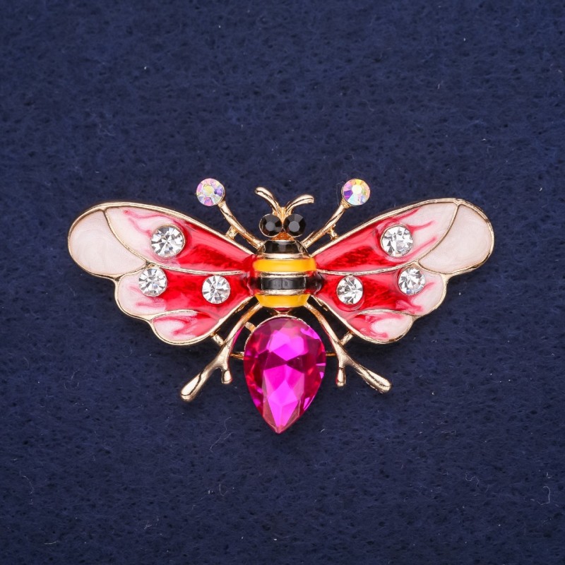 Sale! Butterfly-Bee Brooch, Rhinestones, Enamel with Stone, Red White Yellow Black Raspberry, 53x30mm, Gold-Tone