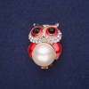 Sale! Owl Brooch with Pearl Bead, Enamel & Rhinestones, White Red Black, 32x22mm, Gold-tone Metal