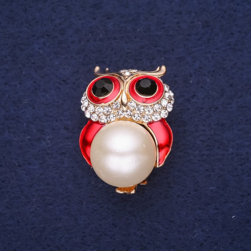Sale! Owl Brooch with Pearl Bead, Enamel & Rhinestones, White Red Black, 32x22mm, Gold-tone Metal