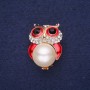 Sale! Owl Brooch with Pearl Bead, Enamel & Rhinestones, White Red Black, 32x22mm, Gold-tone Metal