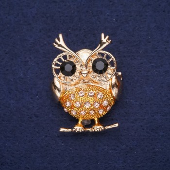 Owl Brooch, Rhinestones, Pink Black Yellow, 38x27mm, Gold-tone Metal