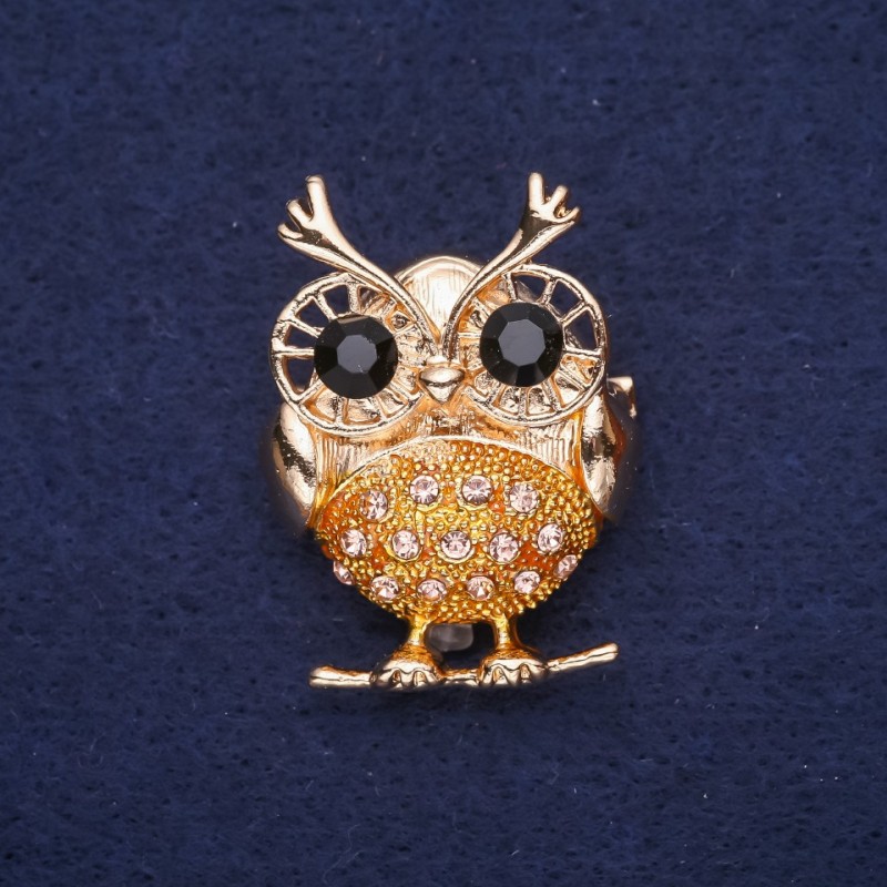 Owl Brooch, Rhinestones, Pink Black Yellow, 38x27mm, Gold-tone Metal