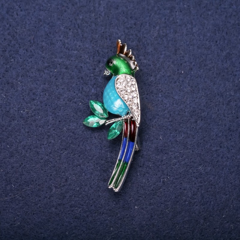 Sale! Parrot Brooch, Enamel & Rhinestones, Blue Sky-blue Green White, 50x20mm, Silver-tone Metal