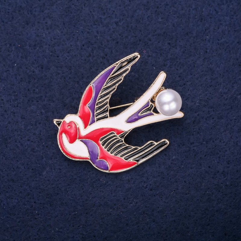 Swallow Brooch, Enamel, Red White Black Purple, 39x30mm, Gold-tone Metal