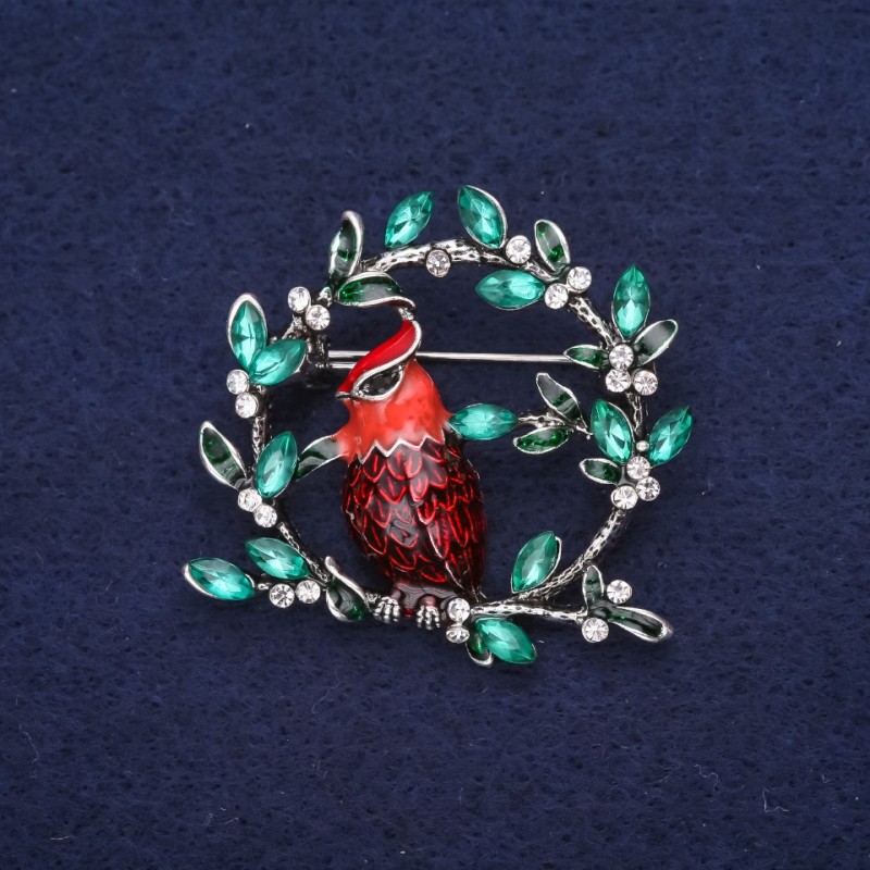 Sale! Bird on a Branch Brooch, Rhinestones & Enamel, Red Green Burgundy, 38x40mm, Silver-tone Metal