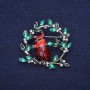 Sale! Bird on a Branch Brooch, Rhinestones & Enamel, Red Green Burgundy, 38x40mm, Silver-tone Metal