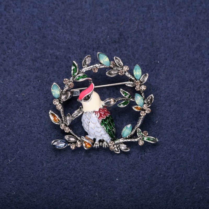Sale! Bird on a Branch Brooch, Rhinestones & Enamel, Red White Sky-blue Green, 38x40mm, Silver-tone Metal