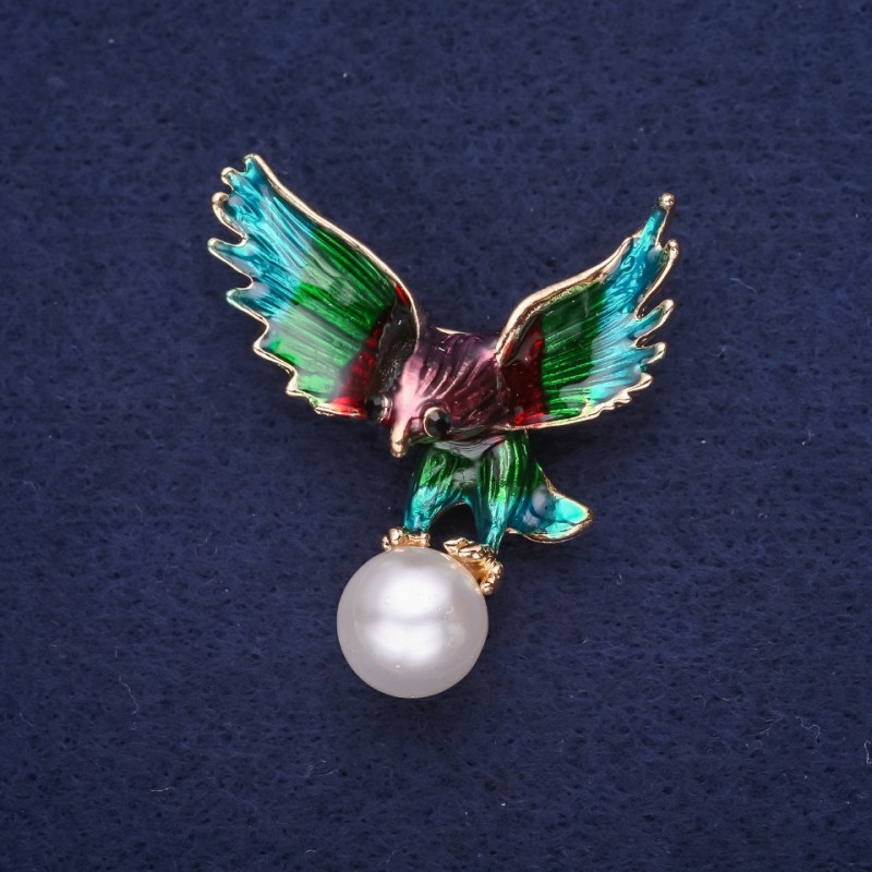 Sale! Eagle Bird Brooch with Pearl Bead, Enamel, Teal Burgundy Green Purple, Gold-tone Metal