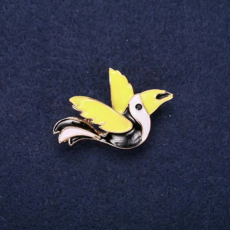 Sale! Bird Brooch, Enamel, Black White Green, 24x37mm, Gold-tone Metal
