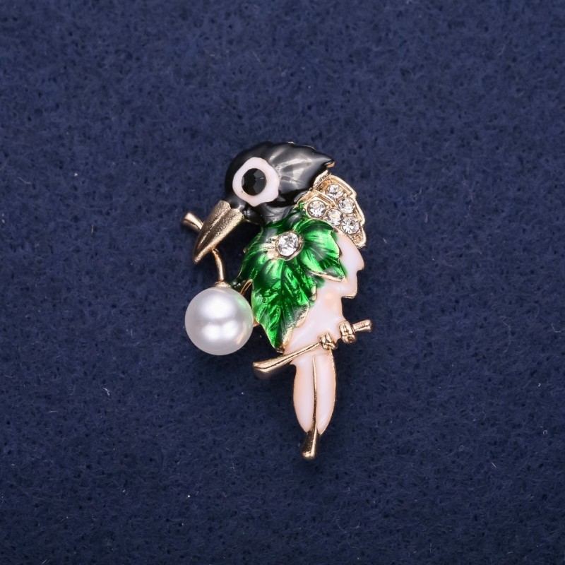 Sale! Bird Brooch, Rhinestones & Enamel, Black White Green, 37x24mm, Gold-tone Metal
