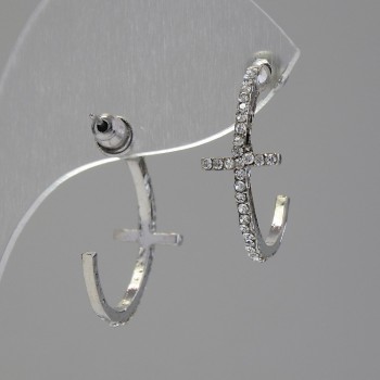 Stud Earrings Hoops with a Cross-Shaped Designer Design, adorned with Rhinestones / silver-plated metal / 35 × 12 mm