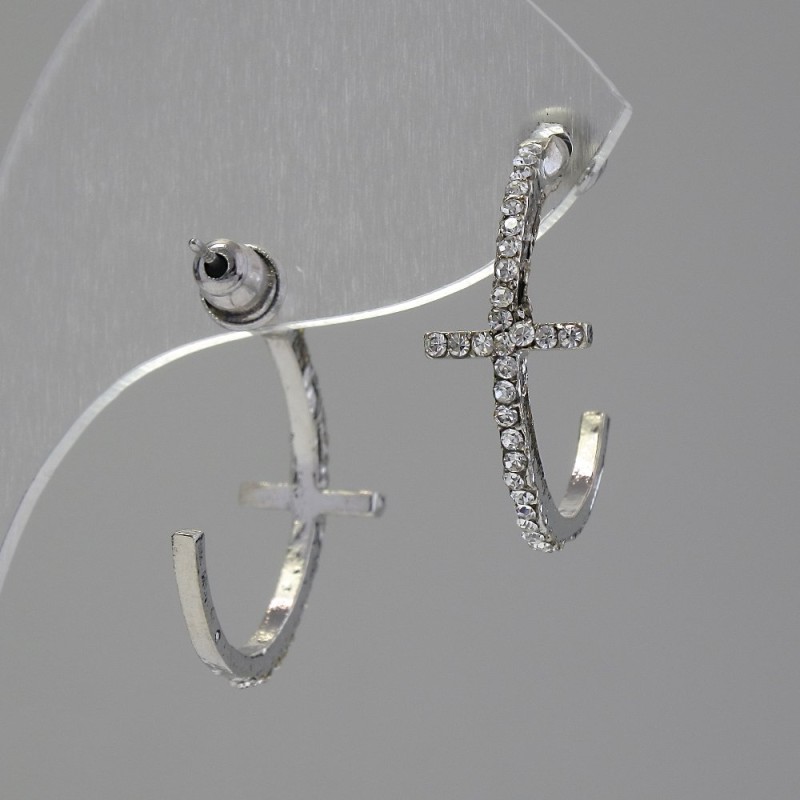 Stud Earrings Hoops with a Cross-Shaped Designer Design, adorned with Rhinestones / silver-plated metal / 35 × 12 mm