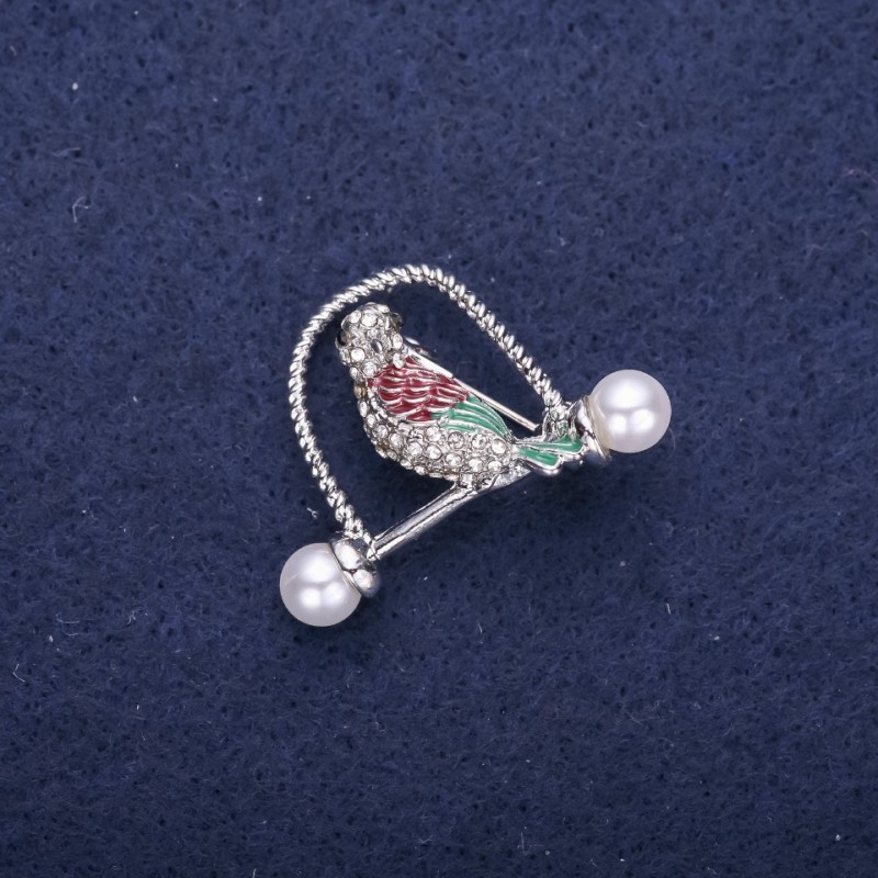 Sale! Bird Brooch, Rhinestones, Green Burgundy, 32x23mm, Silver-Tone Metal