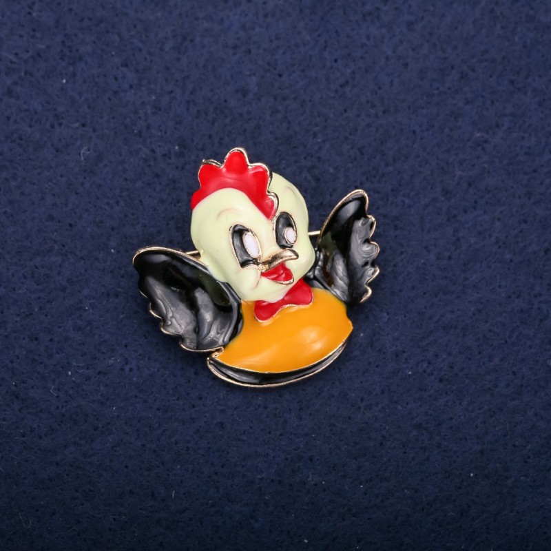 Hen Bird Brooch, Enamel, Black Yellow Red, 35x35mm, Gold-tone Metal