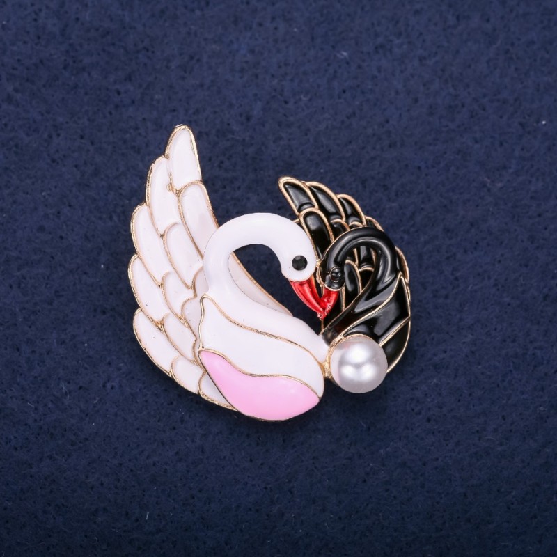Swan Birds Brooch, Rhinestones & Enamel, White Pink Black Red, 43x38mm, Gold-tone Metal
