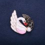 Swan Birds Brooch, Rhinestones & Enamel, White Pink Black Red, 43x38mm, Gold-tone Metal