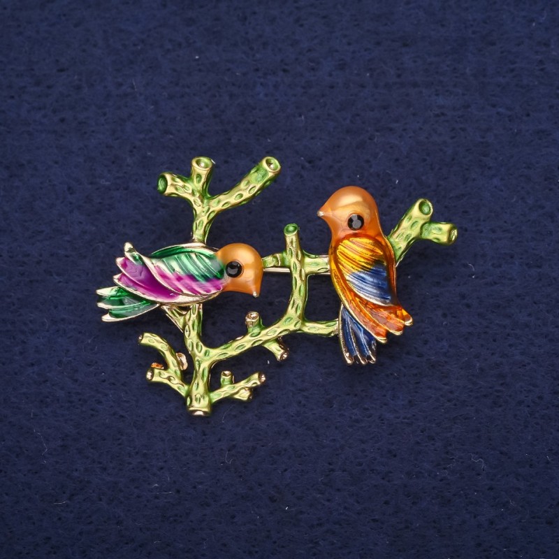 Sale! Bird on a Branch Brooch, Enamel, Yellow Raspberry Blue Green, 40x35mm, Gold-tone Metal